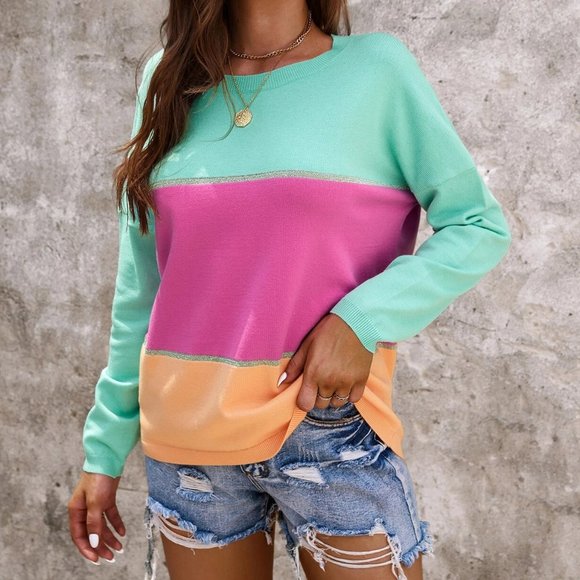 New Crew Neck Color Block Loose Fitting Sweater w/Sparkling Borders - Picture 1 of 3